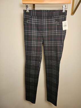 Sanctuary Plaid Skinny Ponte Pants in Black and Gray with Red Accents